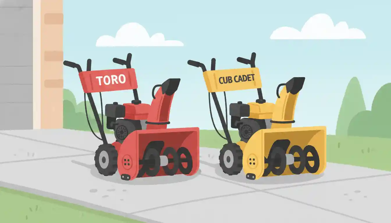 A red Toro snow blower and a yellow Cub Cadet snow blower parked side-by-side on a clean driveway.