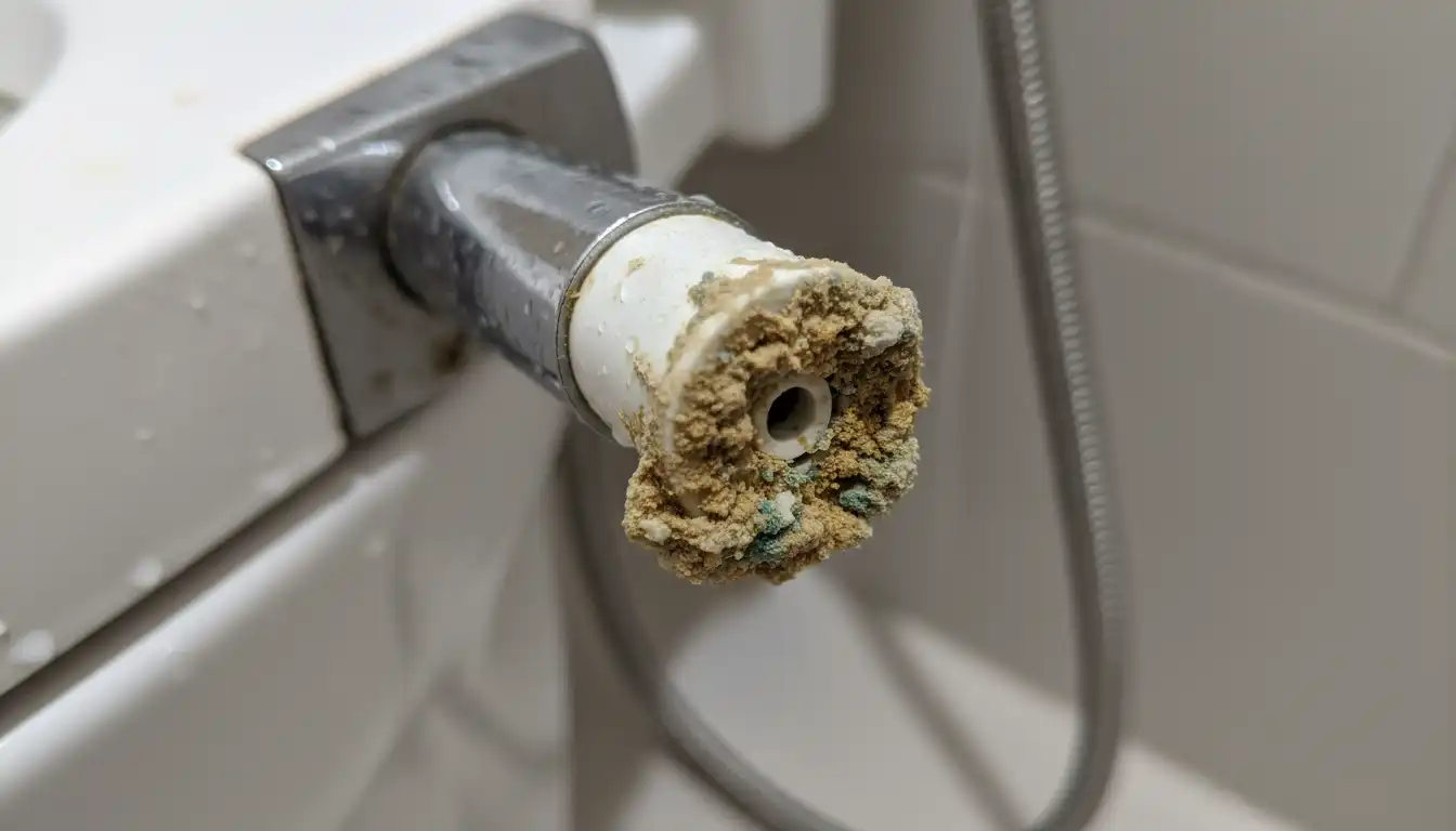 Close-up view of a clogged bidet toilet seat spray wand nozzle.