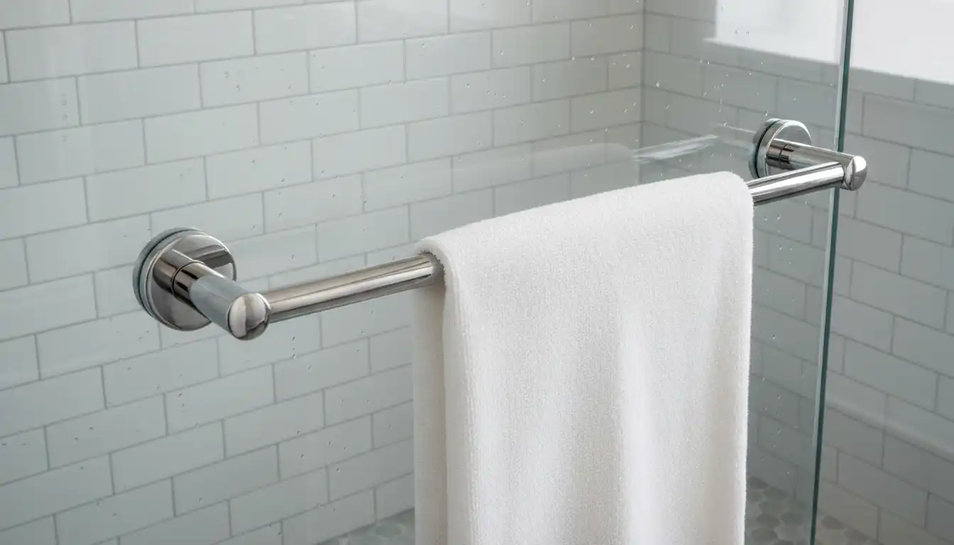 A polished chrome towel bar mounted on the interior of a glass shower door with a tiled wall in the background.