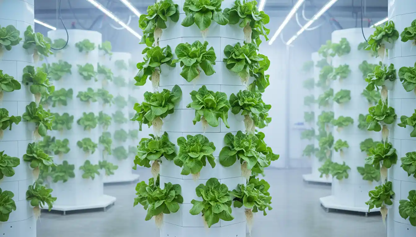 A white vertical hydroponic tower with vibrant green lettuce growing out of the pockets.