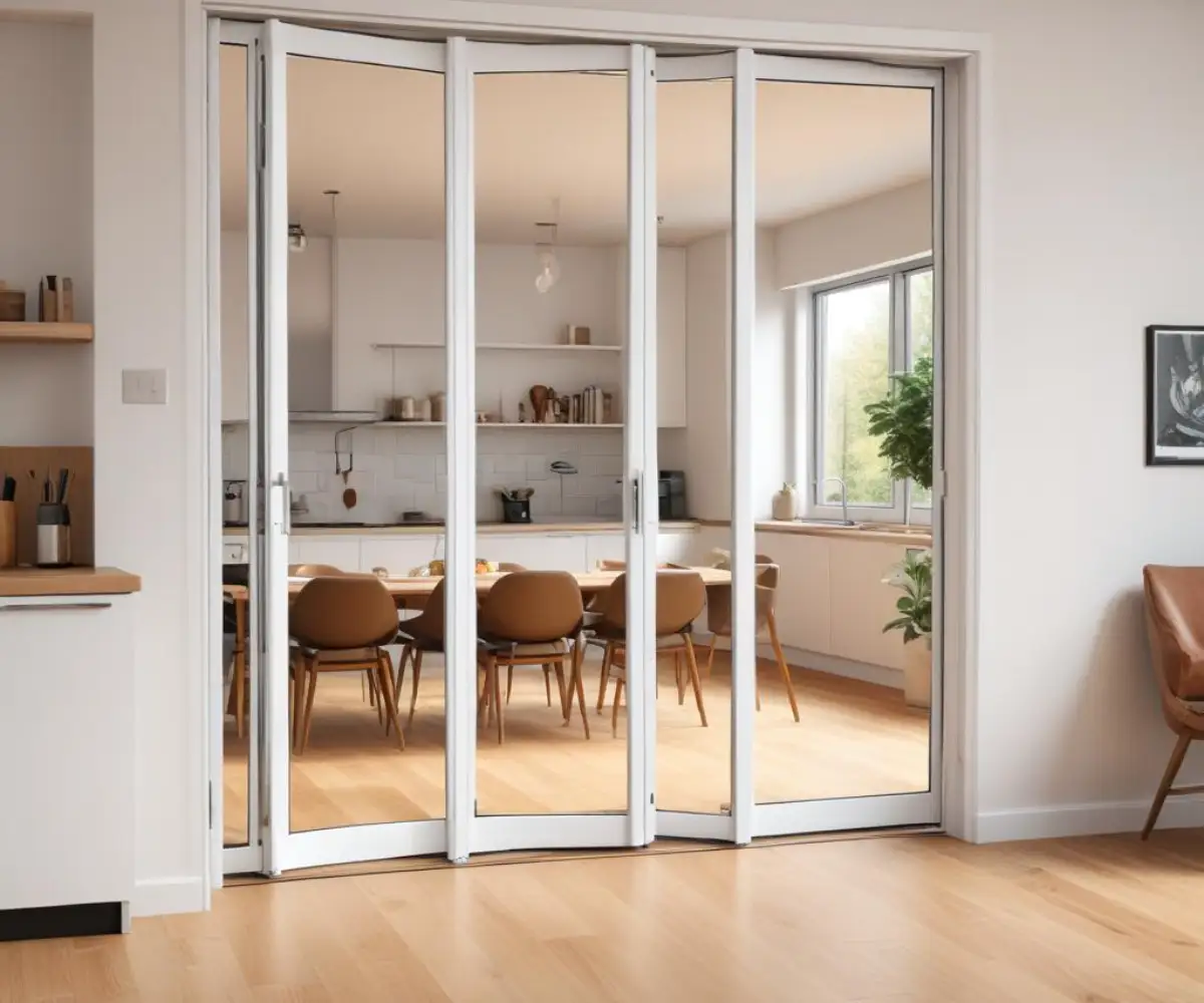 A modern, white trackless internal bifold door, folded open to connect a kitchen and a dining area with seamless wood flooring.