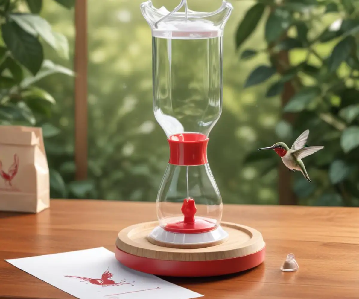 A clear glass hummingbird feeder with a red base and feeding ports sits on a natural wood surface next to an open paper bag of white granulated sugar.