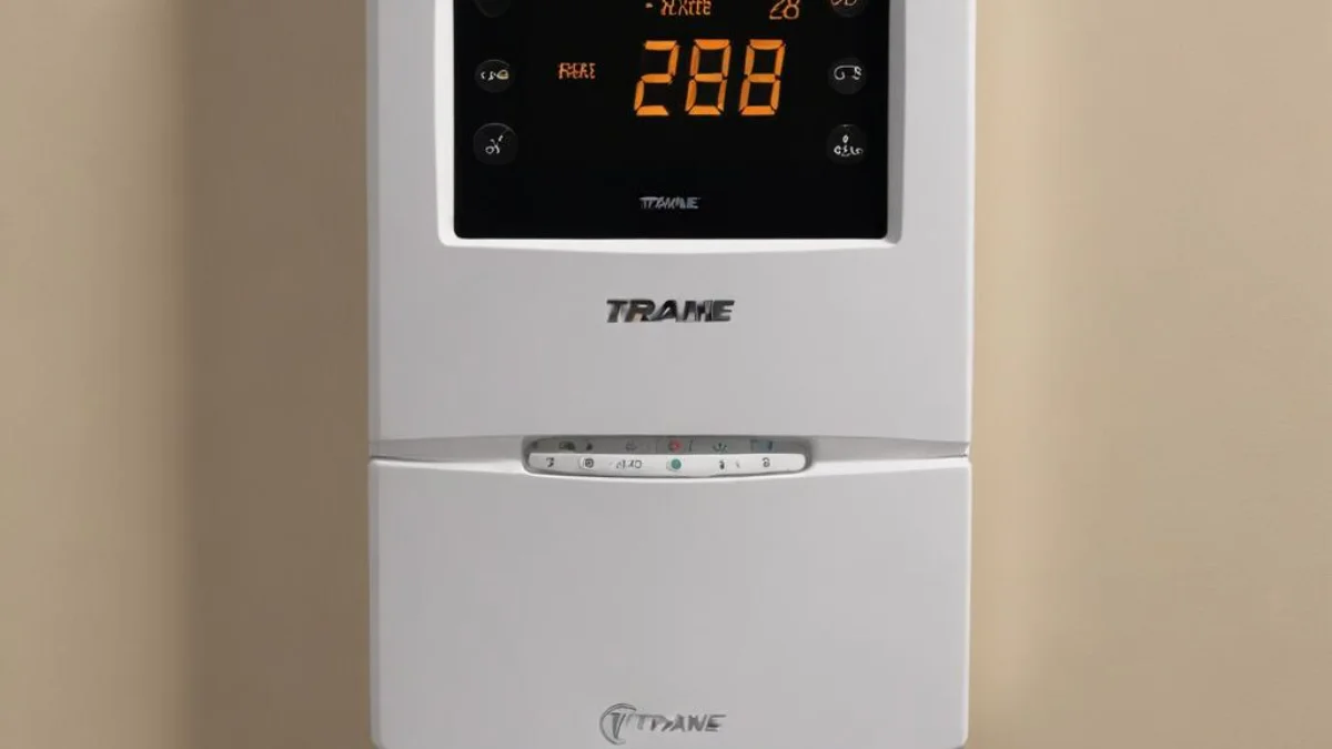 A Trane thermostat with a blank, dark digital screen mounted on a wall.