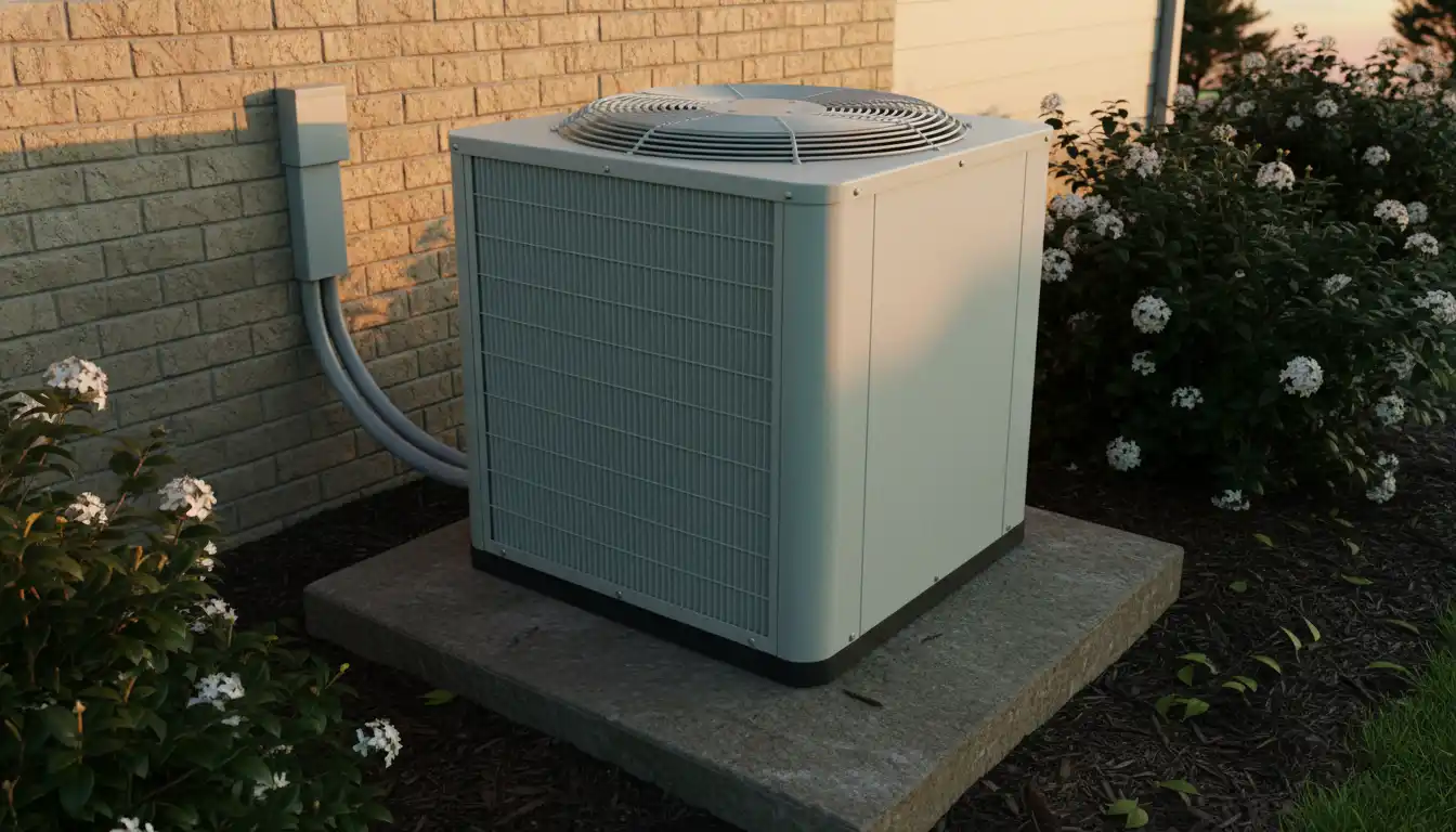Outdoor air conditioning condenser unit installed on a concrete slab next to a house.