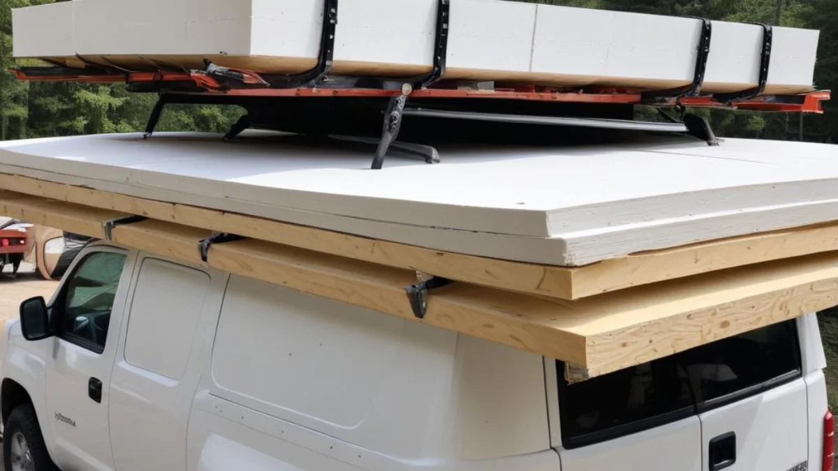 Several sheets of drywall securely strapped to a vehicle's roof rack for transport.
