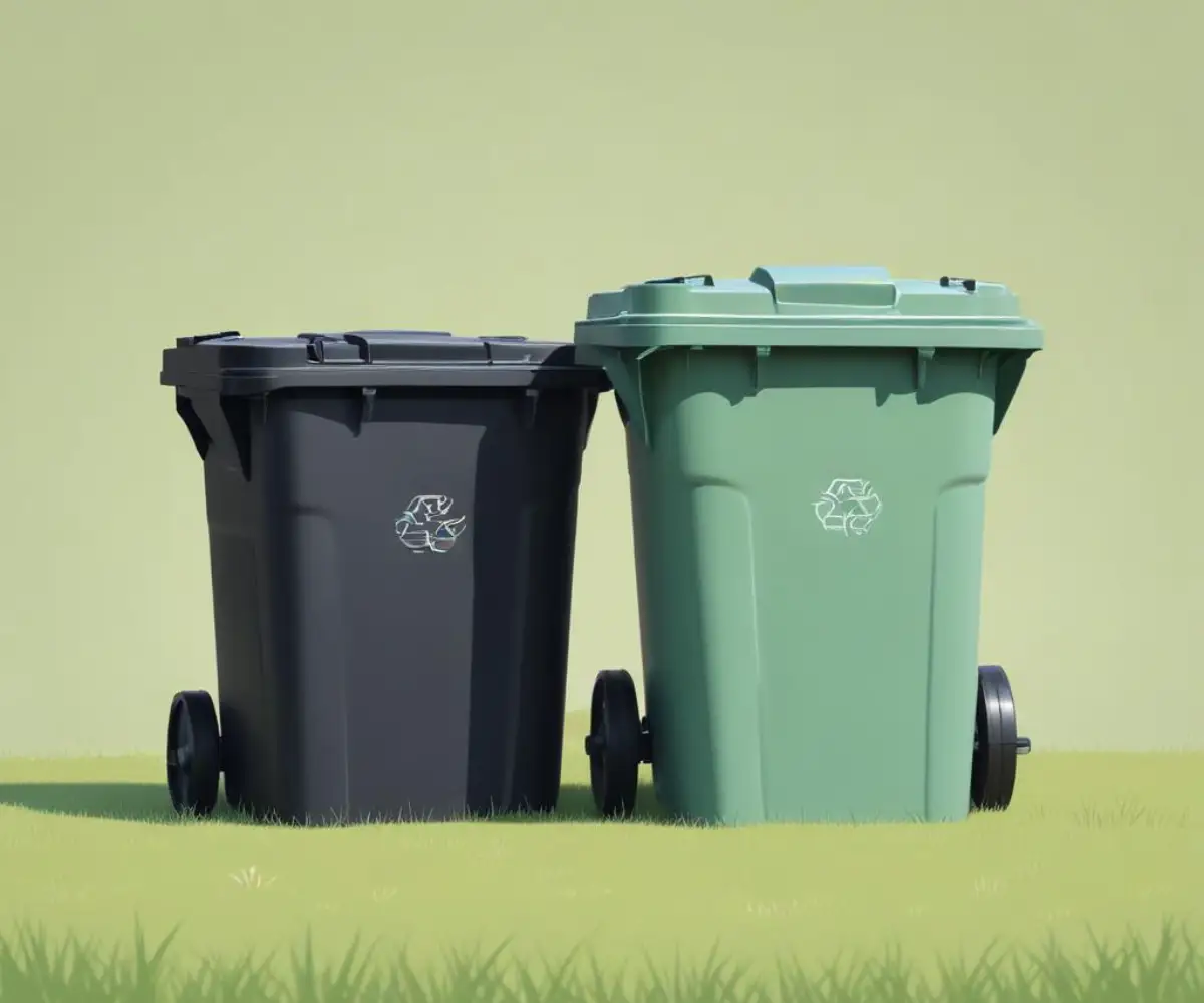 Two black plastic trash cans nested and stuck together on a green lawn.