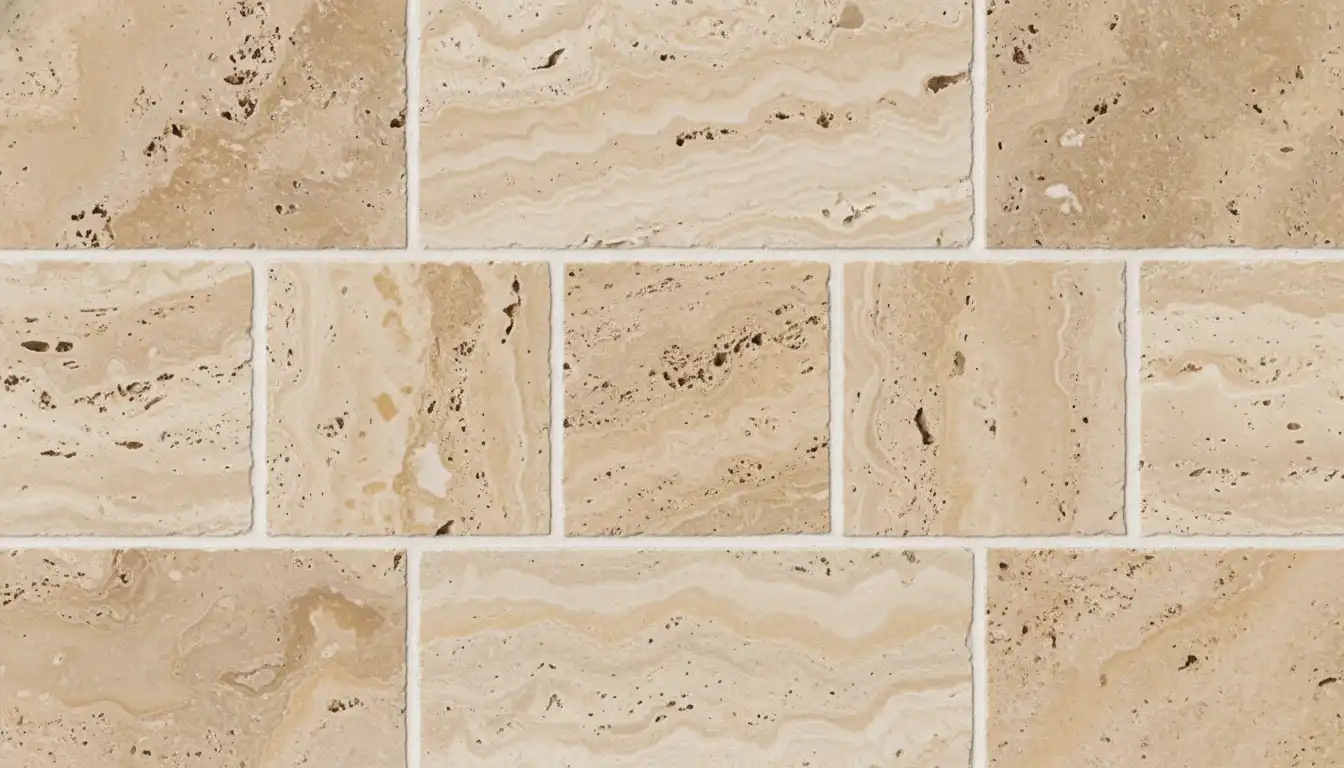Close-up of textured travertine tiles with complementary light-colored grout lines.