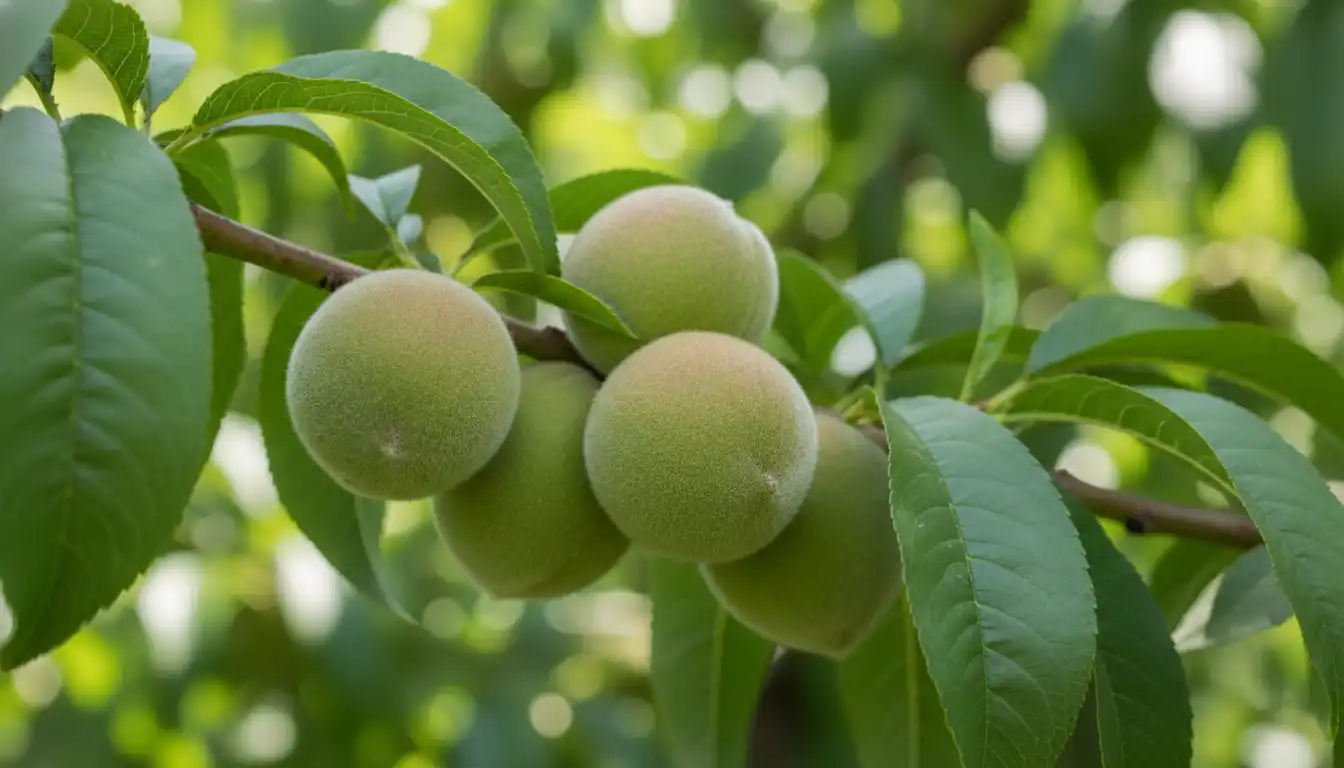 A close-up of a tree branch with several unripe, green, fuzzy peaches hanging among the leaves.