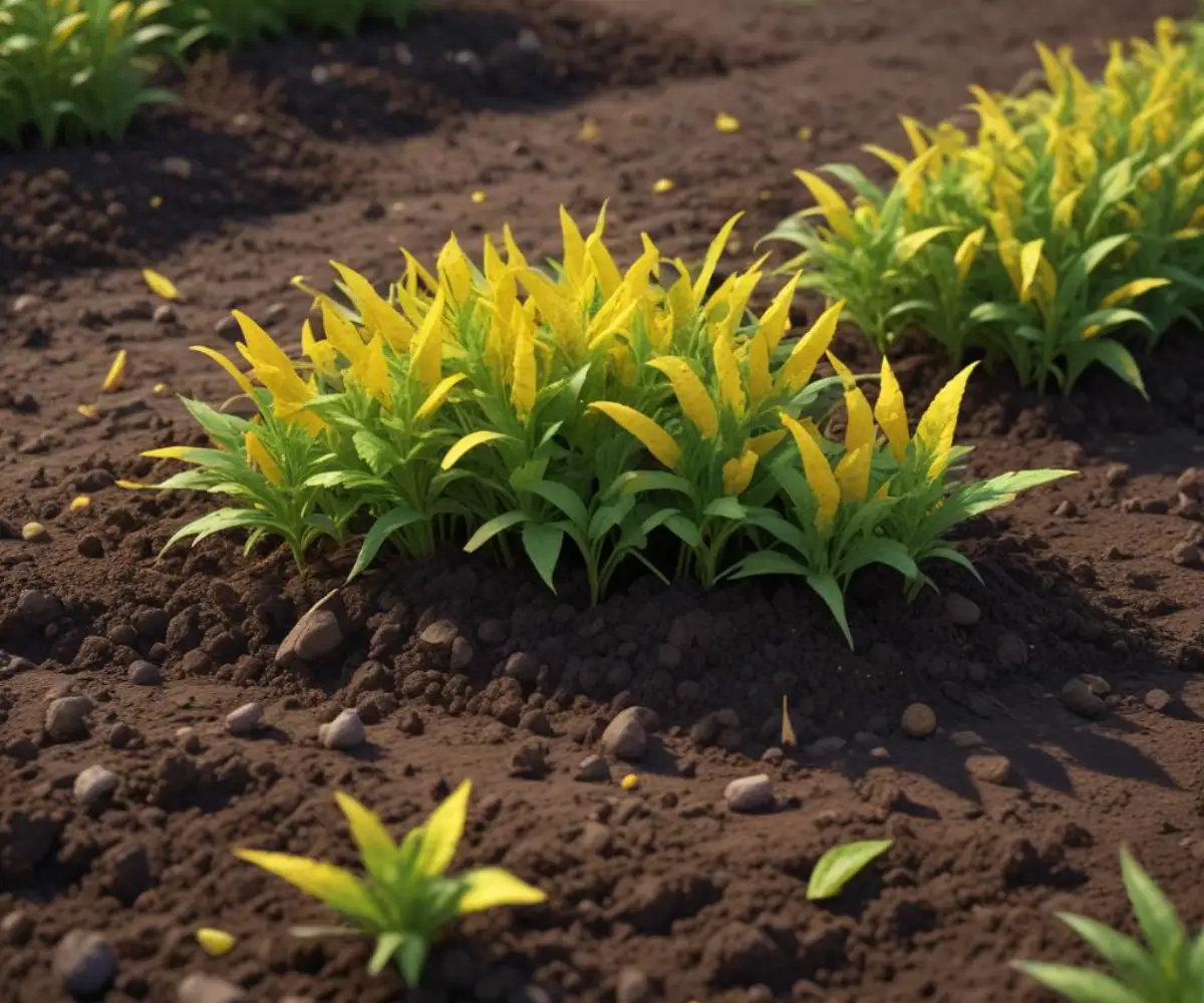 Yellow granular pre-emergent weed killer scattered on dark rich garden soil.