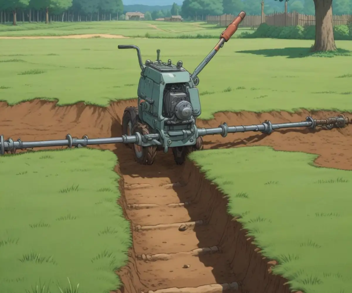 A walk-behind trenching auger with a long cutting chain and boom resting on a lawn with a dirt trench.