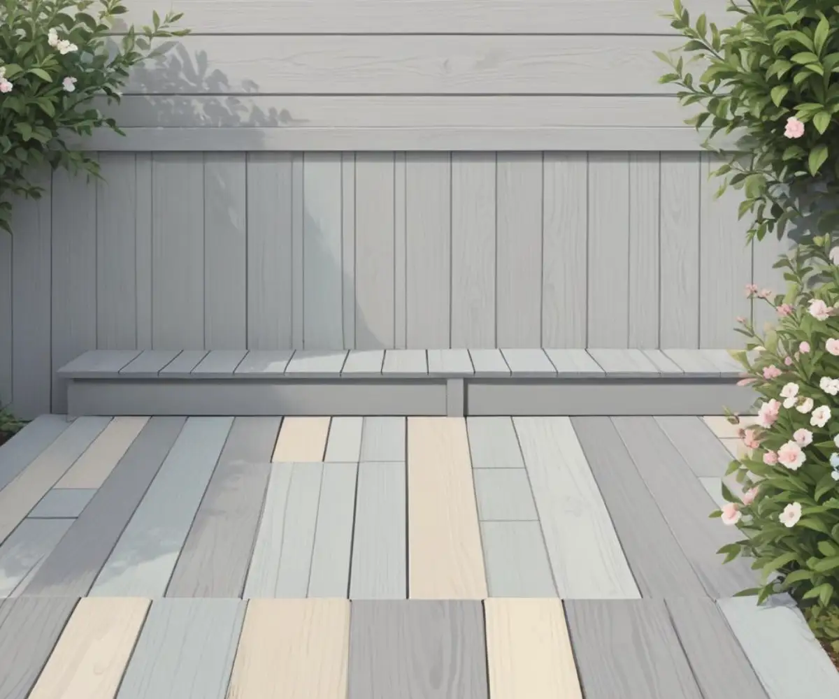 Gray composite decking boards with matching end caps creating a clean, finished edge.