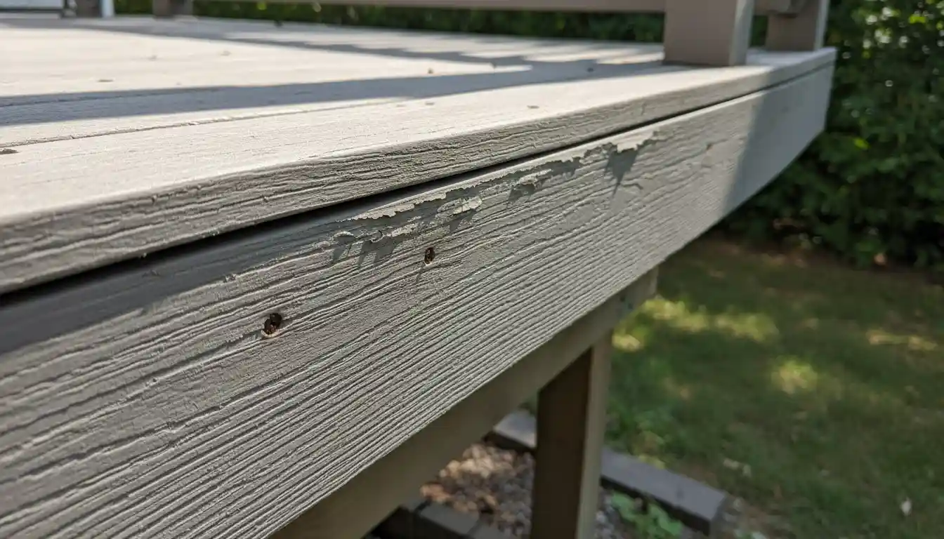 Warped composite fascia board showing signs of bending on the edge of an outdoor deck.