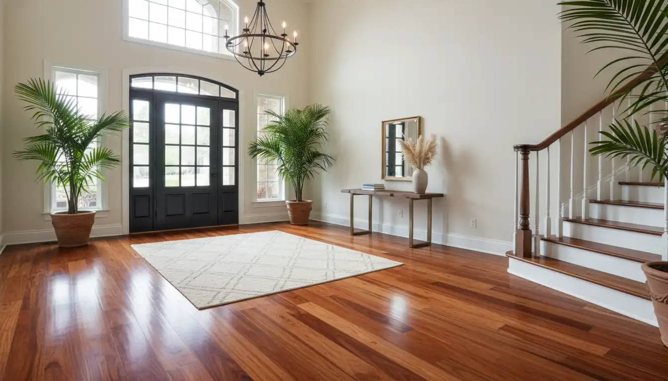 Exotic hardwood flooring with a rich, warm stain installed in a brightly lit entryway.