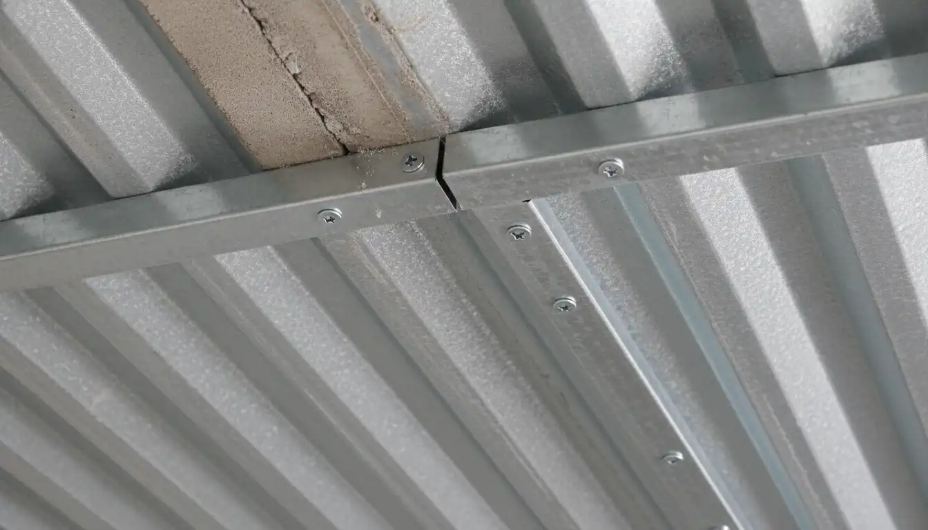 Close-up of a galvanized J-channel trim installed along the edge of a corrugated metal ceiling.