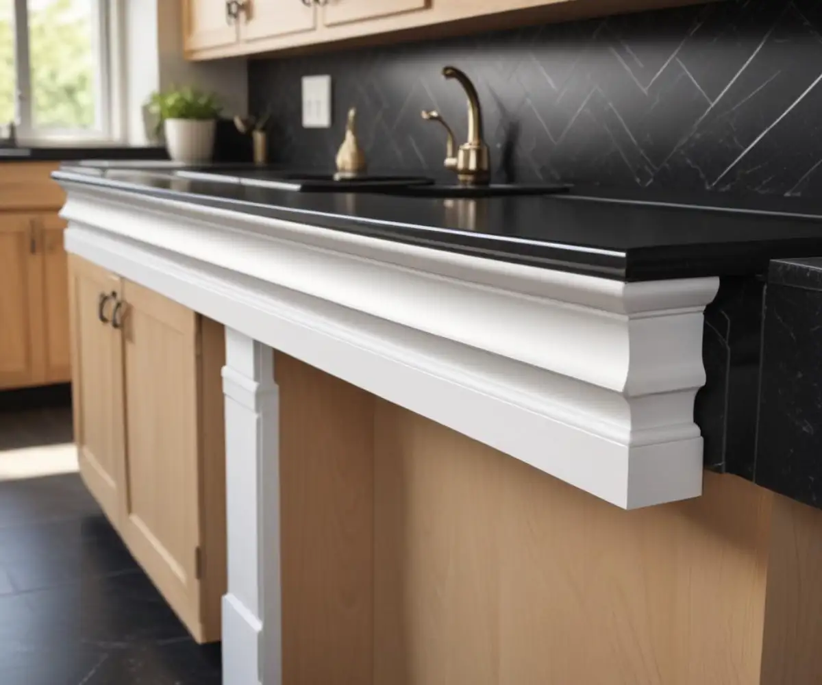 Close-up of a decorative white wood trim molding installed underneath the edge of a black granite kitchen countertop.