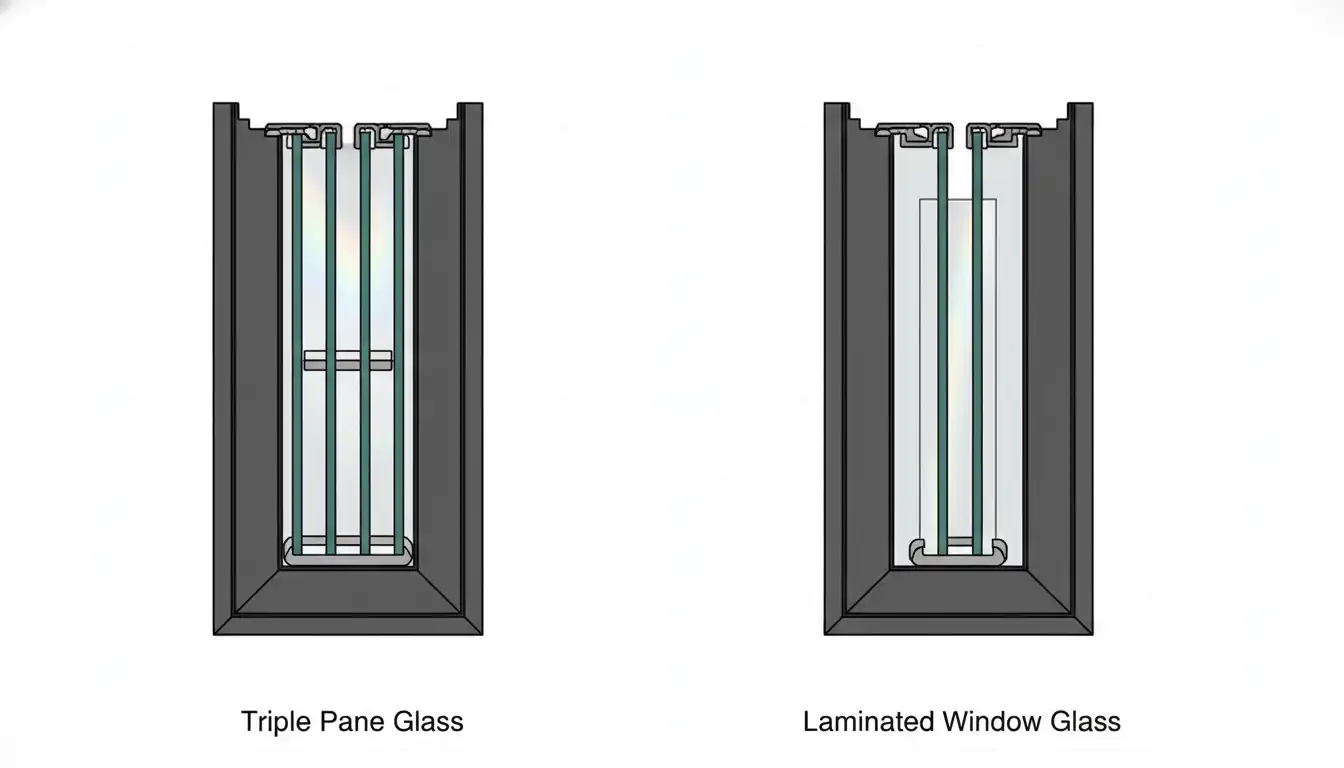 Cross-section comparison showing the layers of triple pane glass and laminated window glass.