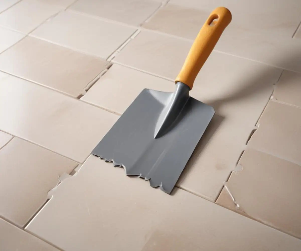 A metal notched trowel resting on a large format porcelain tile.