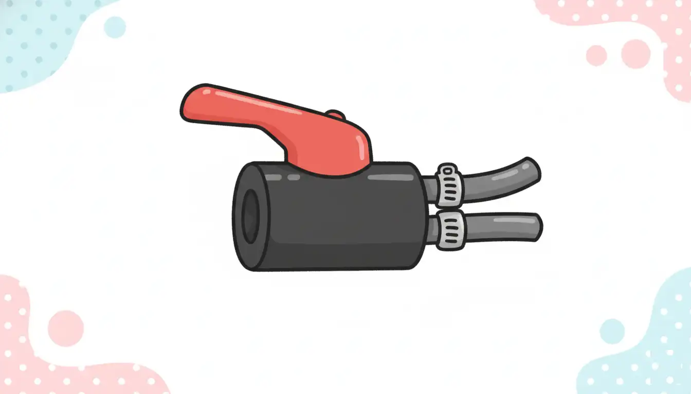 A red and black small engine fuel shut off valve with hose clamps against a solid white background.