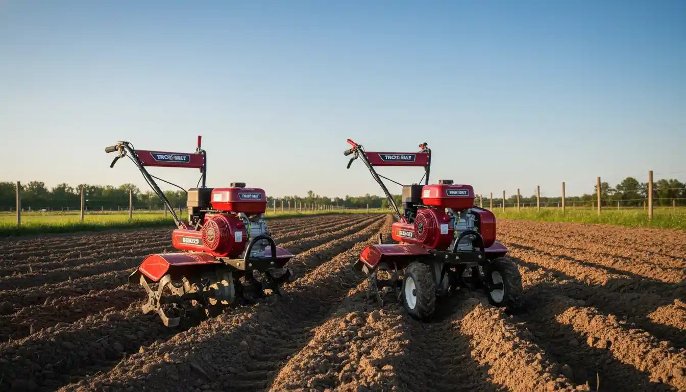 A red Troy-Bilt Bronco tiller and a red Super Bronco tiller in a freshly tilled garden.