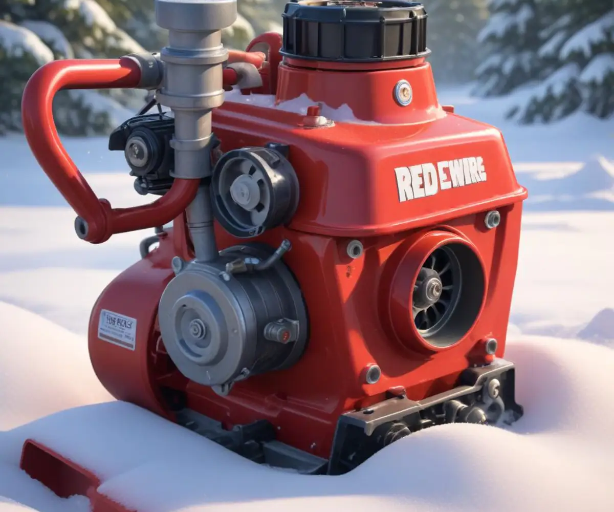 Close-up of a red snow blower's engine carburetor, with the fuel bowl removed for cleaning.