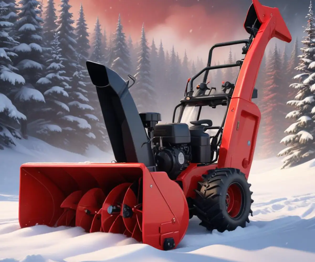 Red two-stage snow blower with a black engine and chute, set against a snowy background.