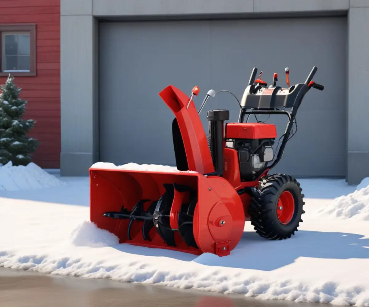 A red two-stage snow blower with black handles and wheels, parked on a clean concrete surface.