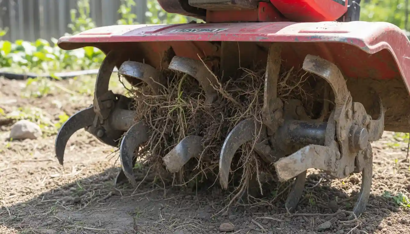 Close-up of the metal tines on a red garden rototiller.
