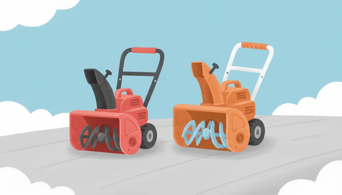 A red two-stage snow blower and an orange two-stage snow blower parked side-by-side on a clean driveway.