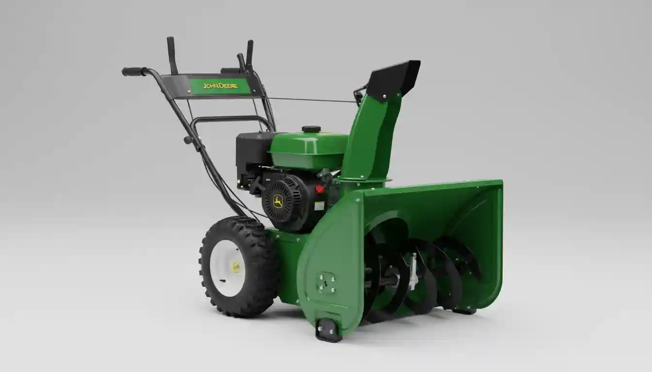 A green and yellow John Deere TRS24 two-stage snowblower on a solid, light-colored background.