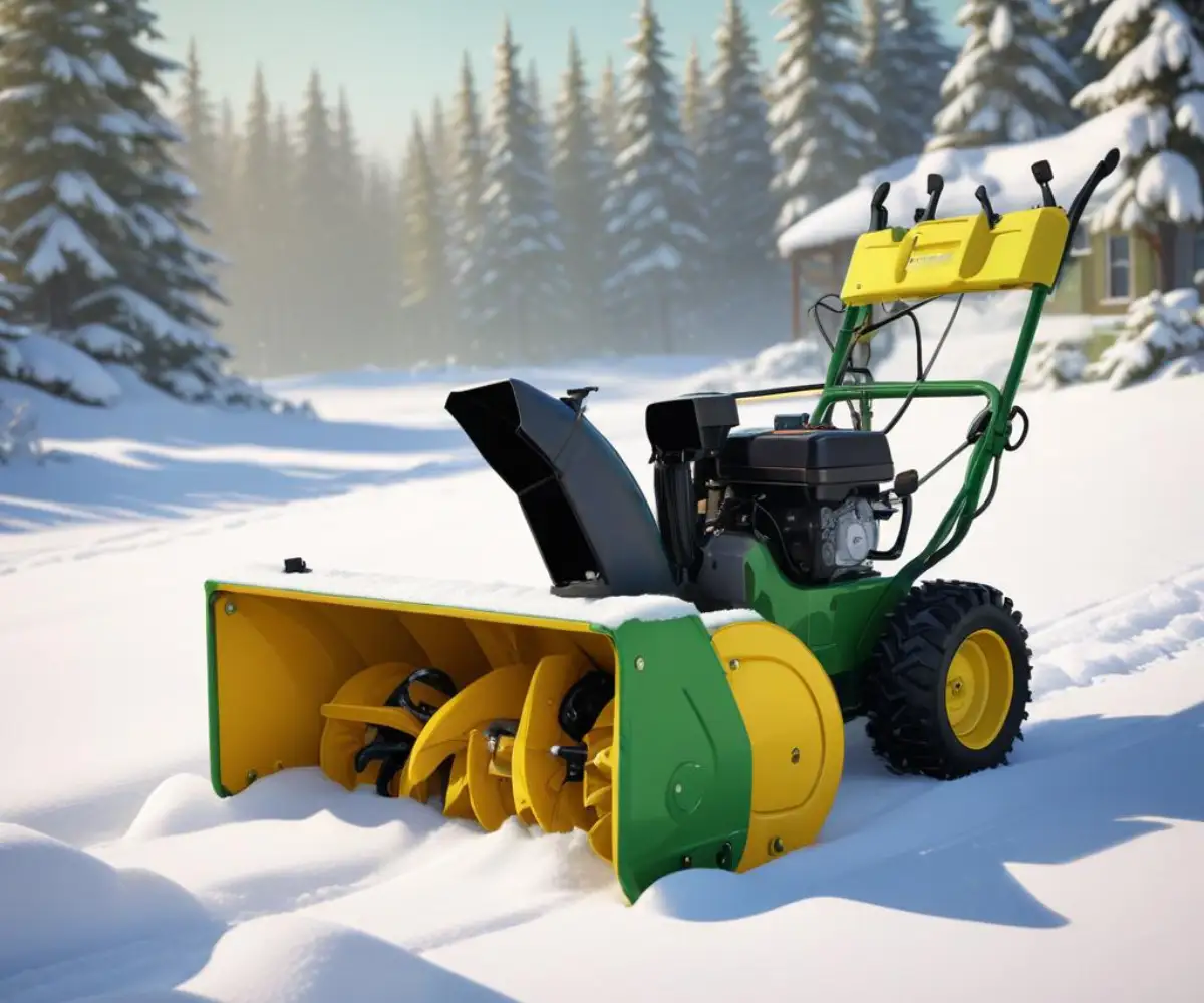 A green and yellow two-stage walk-behind snow blower on a solid background.