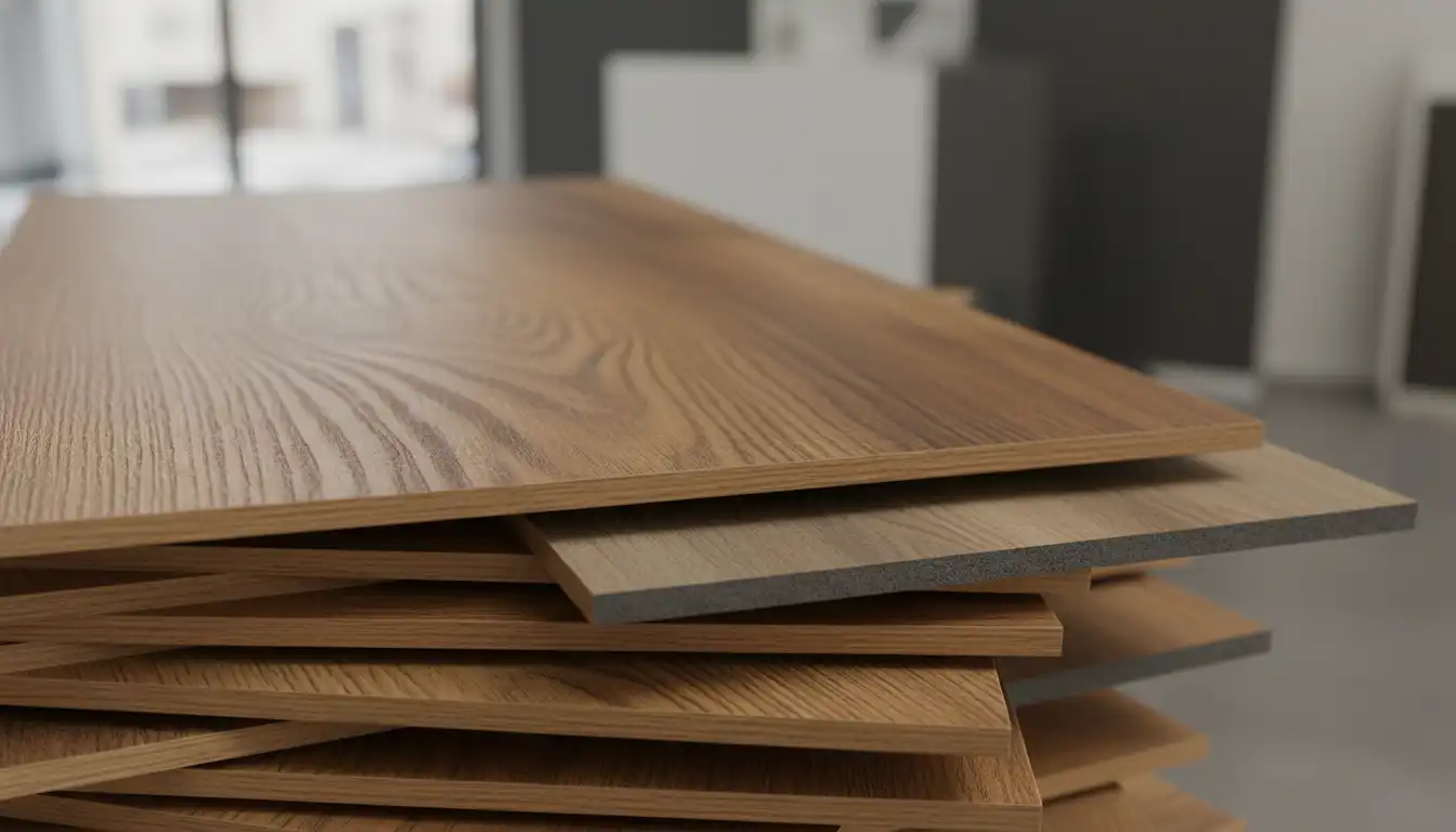 A stack of luxury vinyl flooring planks showcasing their wood grain texture and layered core.