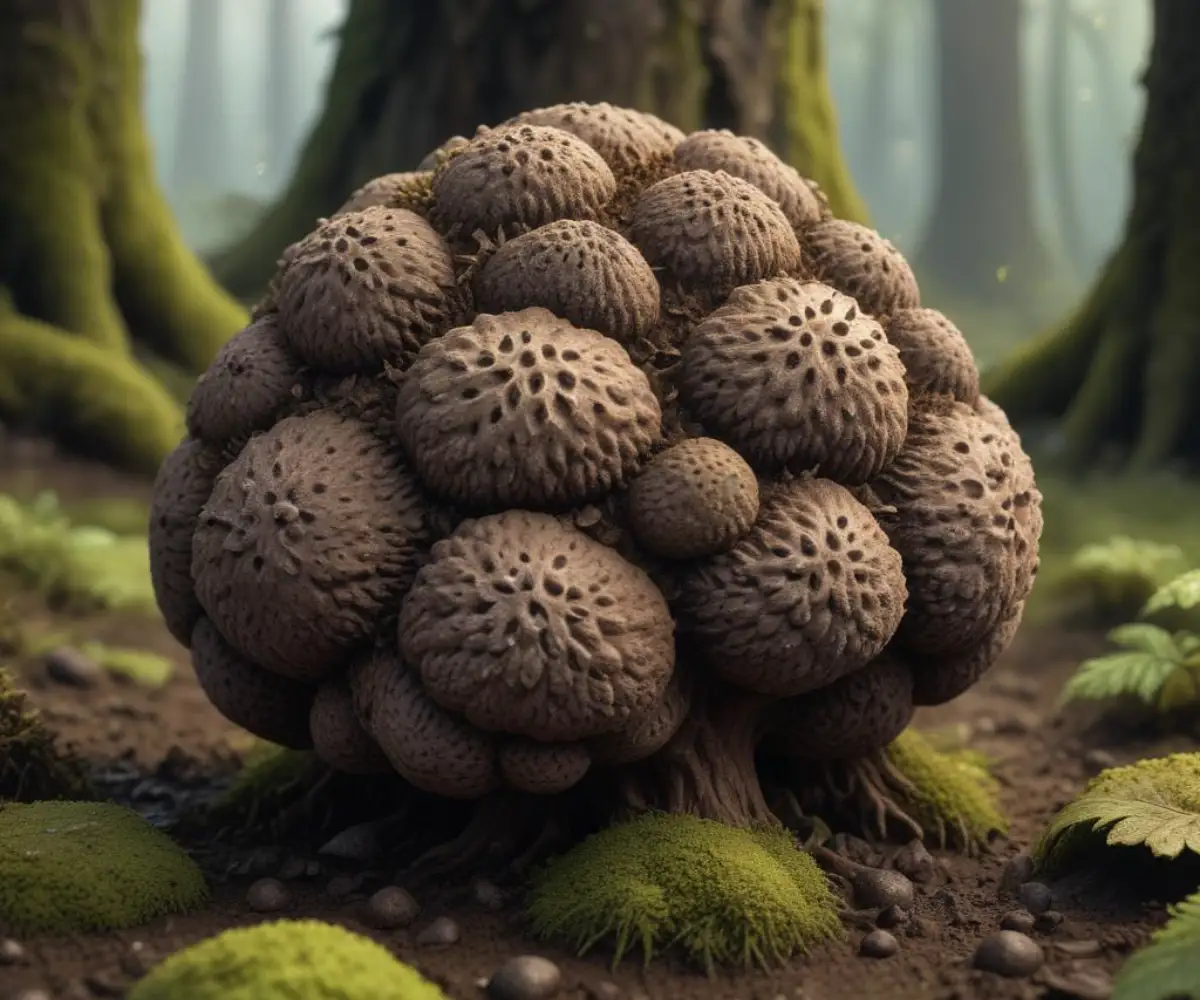 A close-up of a dark, bumpy Appalachian truffle resting on damp, mossy soil near the base of a tree.