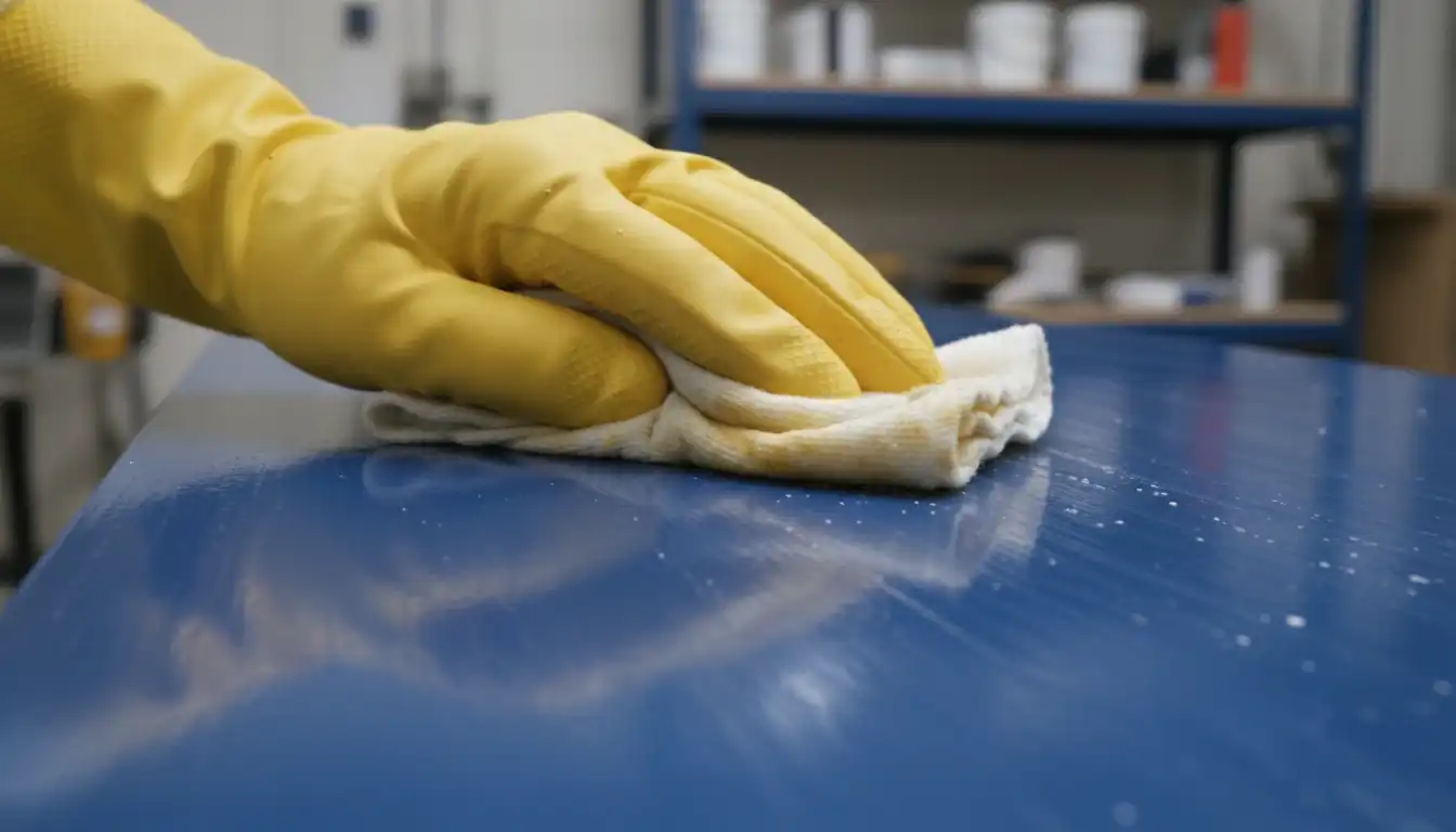 A chemical-resistant gloved hand wiping a glossy painted surface with a cloth soaked in TSP deglosser solution.