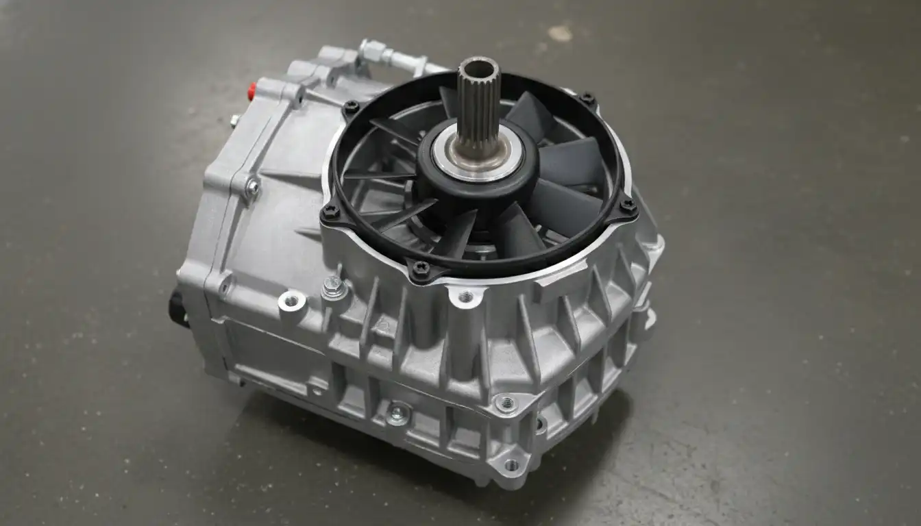 Top-down view of a Tuff Torq K66 hydrostatic transmission unit showing the input shaft, cooling fan, and aluminum housing.