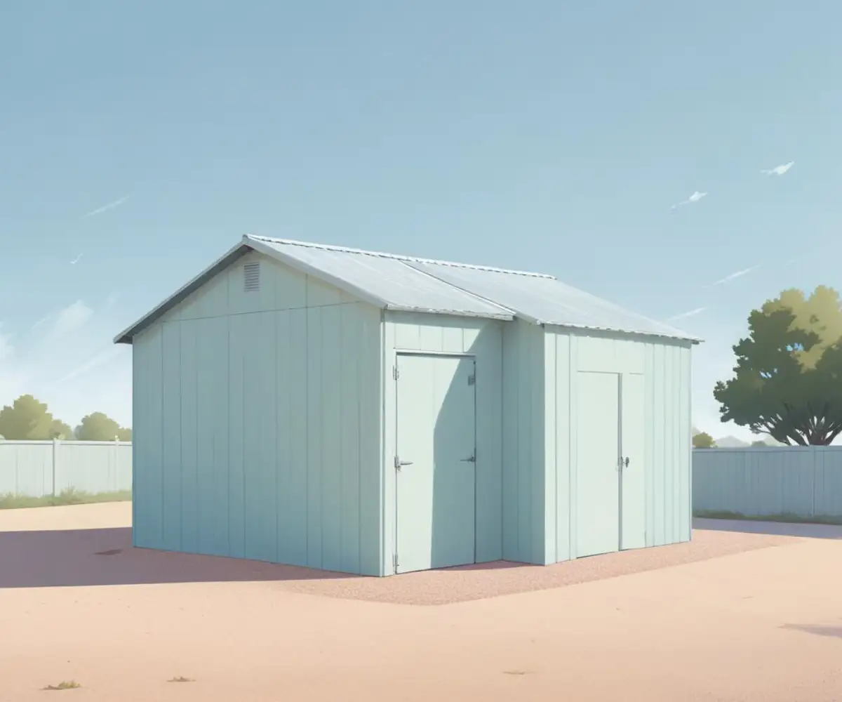 A newly constructed metal shed with a roll-up door, set against a clear blue sky on a gravel foundation.