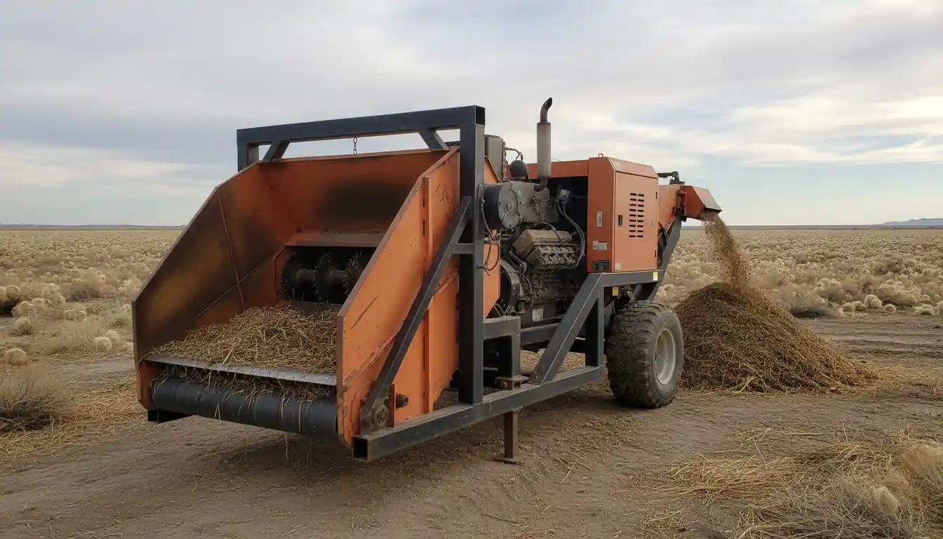 A heavy-duty tumbleweed shredder machine with a wide feeding chute designed for clearing large, dry brush.