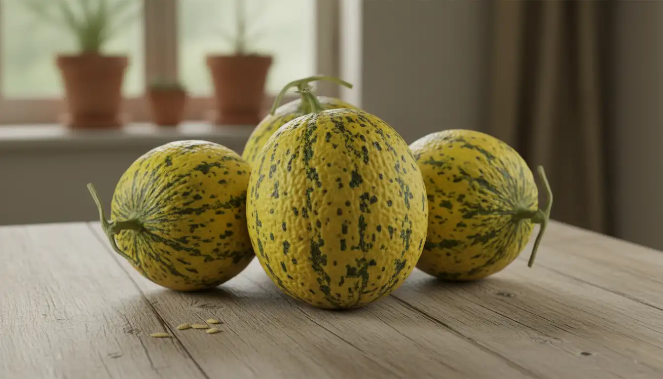 A whole, ripe Kirkagac melon with its characteristic wrinkled, yellow and green spotted rind, resting on a flat surface.