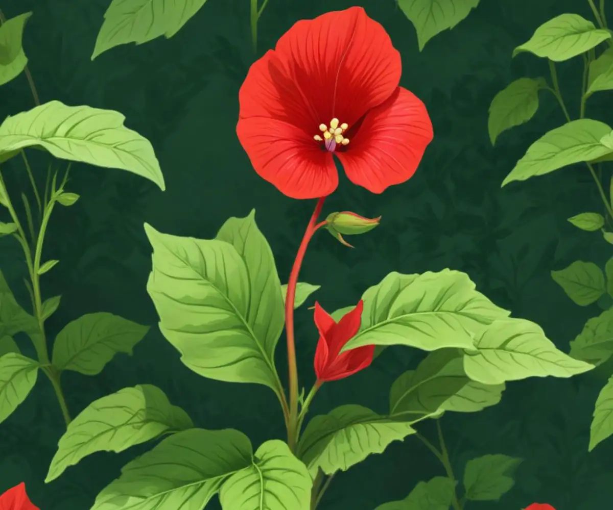 Bright red, partially closed flower on a green-leafed Turk's cap plant.