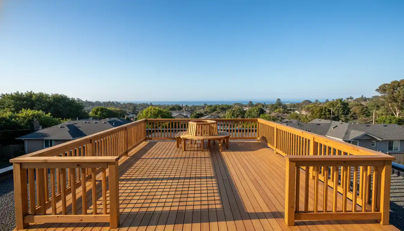 A newly constructed wooden deck with railings on a residential flat roof under a clear sky.