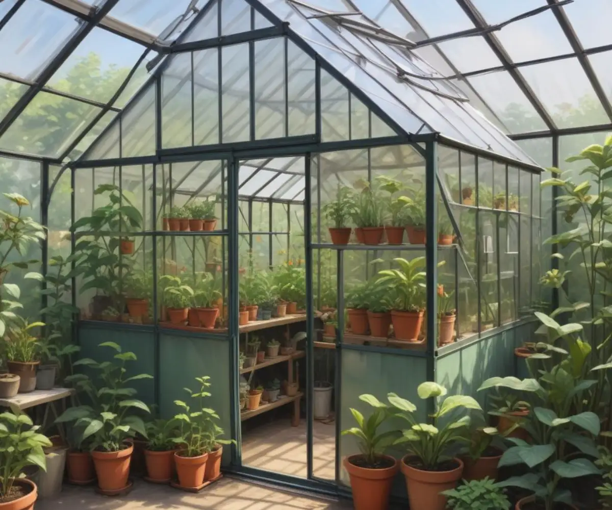 A metal shed converted into a greenhouse with transparent polycarbonate panels on the roof and walls, with various potted plants visible inside.