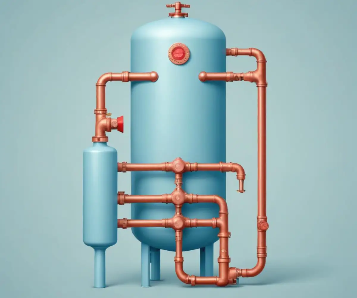 A blue water softener system with copper pipes and a red bypass valve handle.