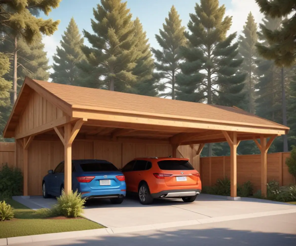 A residential carport in the process of being enclosed with wood framing and sheathing to create a new room.
