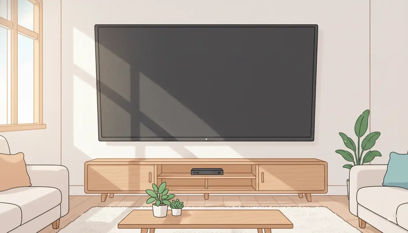 A large, wall-mounted flatscreen television centered above a long, low-profile wooden media console in a brightly lit living room.