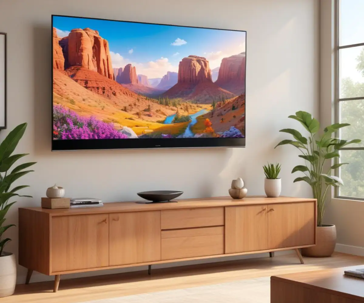 A large, wall-mounted flatscreen television centered above a long, low-profile wooden media console in a brightly lit living room.