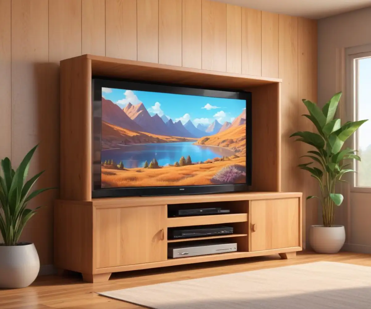 A large flat-screen television placed in front of a wooden entertainment center it is too wide to fit inside.