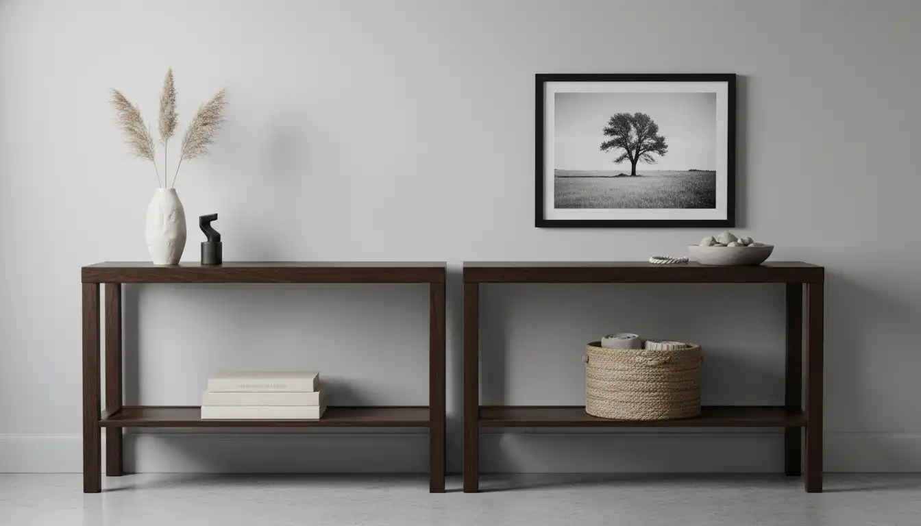 Two matching dark wood console tables with minimalist decor placed side by side against a light gray wall.
