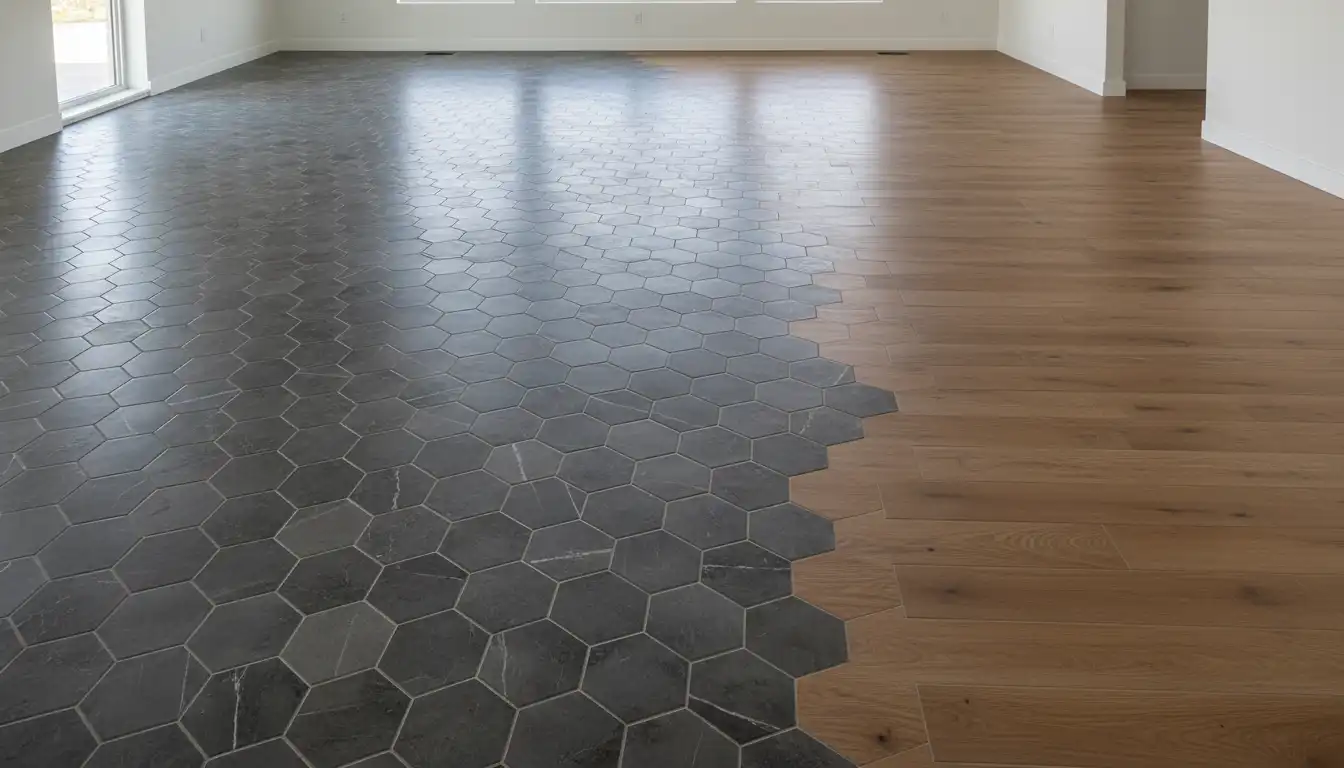 A seamless transition between a hexagonal tile floor and a wood-look ceramic tile floor in an open-concept space.
