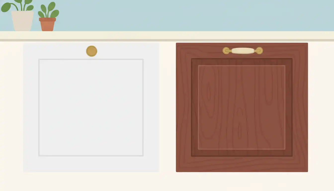 Side-by-side display of two kitchen cabinet door styles, one a modern, flat-panel white and the other a traditional, dark wood raised-panel.