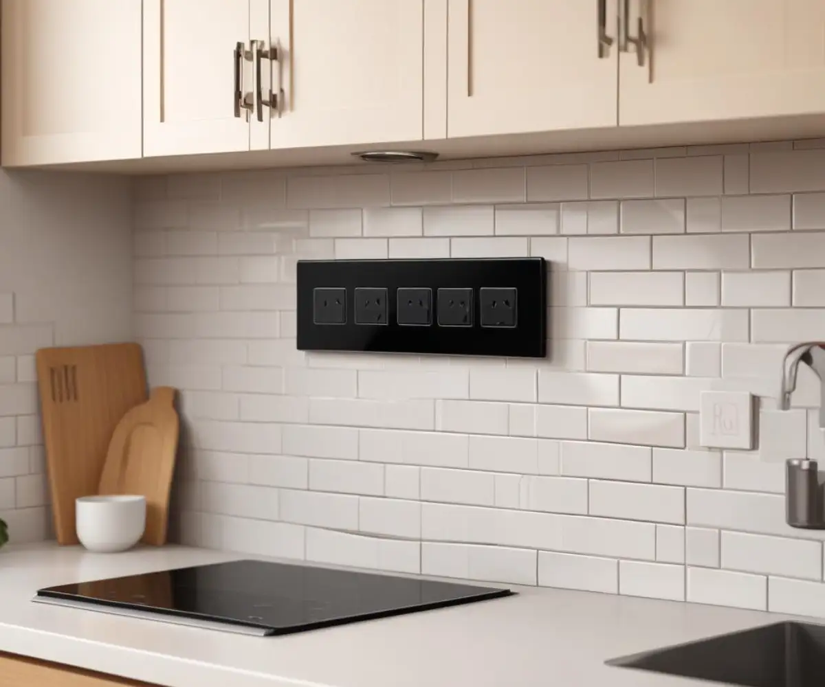 Sleek, black under-cabinet outlet strip mounted beneath a white kitchen cabinet with a tiled backsplash.