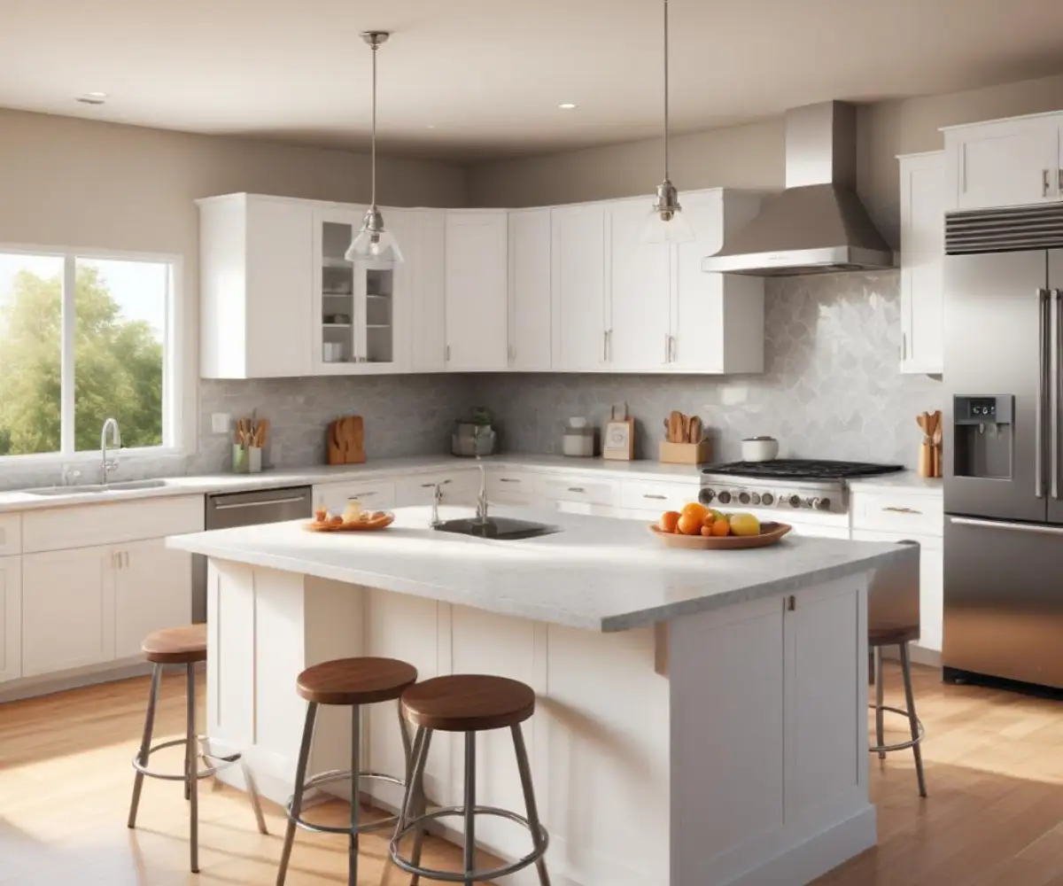 A newly remodeled kitchen with white shaker cabinets, a central island with a quartz countertop, and stainless steel appliances.